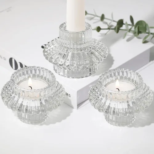 Miniatura 11 de Juego de 3 portavelas reversibles, cónicos de cristal gris y candelita para centro de mesa, boda, fiesta, decoración del hogar