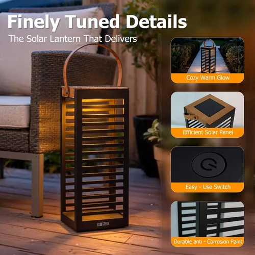 Miniatura 7 de Linterna solar con asa - Luz solar de metal para exteriores (7.87 × 19.69 pulgadas), impermeable y resistente al óxido, luz blanca cálida de Negro