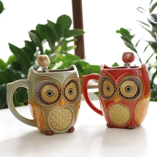 Miniatura 3 de SQOWL Juego de 2 tazas de café 3D de cerámica con cucharas, tazas de té de oficina para mujeres y hombres, 12 onzas, cian y rojo