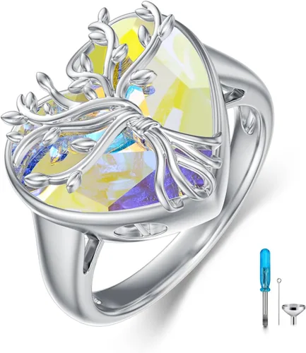 AOBOCO Anillo de cremación de corazón de plata de ley 925 con diseño de árbol de la vida que sostiene las cenizas de un ser querido, anillo de urna