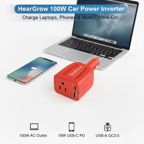 Miniatura 4 de HearGrow - Inversor de corriente para automóvil de 100 W, adaptador de corriente continua de 12 V a 110 V CA con puertos USB-C PD y QC3.0 de 18 W