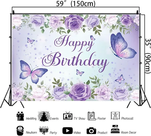 Miniatura 3 de Pancarta de cumpleaños de mariposa morada para mujeres y niñas (59 x 36 pulgadas), pancarta morada para decoración de feliz cumpleaños para mujeres