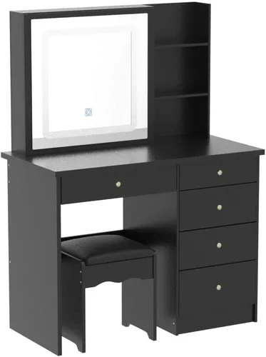 Miniatura 4 de Homsee Juego de escritorio de tocador con espejo grande iluminado deslizante, tocador con 5 cajones, estantes de almacenamiento y taburete acolchado