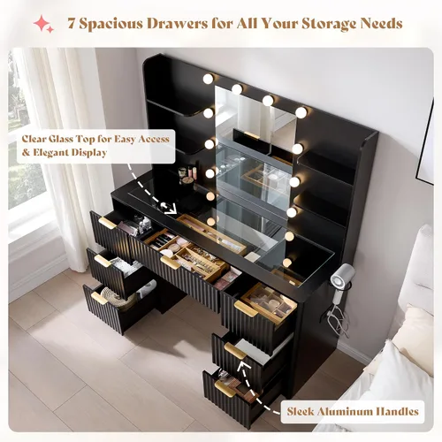Miniatura 9 de AMERLIFE Escritorio estriado de 47.2 pulgadas con espejo y luces LED ajustables, mesa grande de tocador de maquillaje con 7 cajones con parte Negro