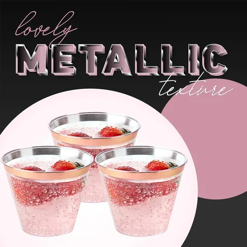 Miniatura 5 de PLASTICPRO 9 onzas Vasos de plástico desechables para fiesta, vasos de diseño antiguo, cristal transparente (transparente con borde de oro rosa, 200)