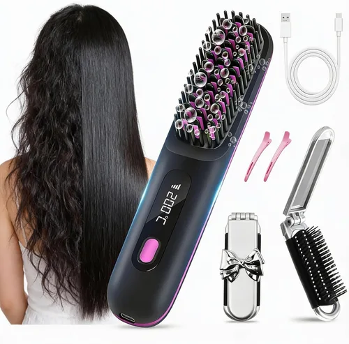 Cepillo alisador de pelo inalámbrico, alisador de pelo recargable con 3 ajustes de temperatura, cepillo alisador de cabello portátil antiquemaduras