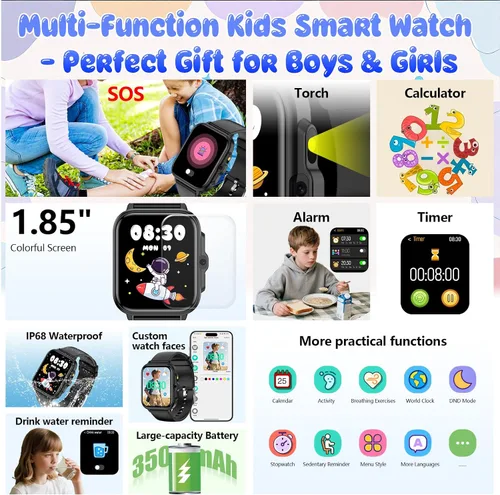 Miniatura 2 de Reloj inteligente para niños, rastreador de actividad física de 1.85 pulgadas con cámara, juegos, música, SOS, AI, reloj despertador, video, control