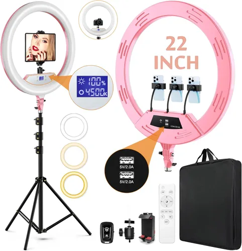 Miniatura 10 de Anillo de luz de 22 pulgadas con soporte, trípode de luz de anillo para iPhone iPad, con trípode de 75 pulgadas, pantalla LCD, 4 clips para iPad, 2