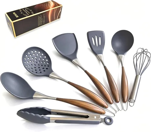 Miniatura 10 de Elegante juego de utensilios de cocina de silicona de oro blanco, no tóxicos, aptos para lavavajillas, con asas cómodas resistentes al calor