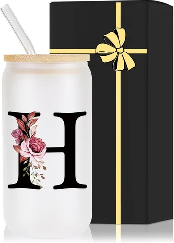 Miniatura 20 de Vaso de vidrio con monograma con tapa de bambú, popote personalizado, vaso de café helado de 16 onzas, tarro transparente de masón, cerveza, agua