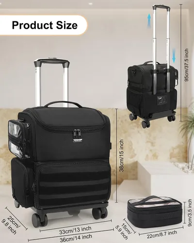 Miniatura 5 de Relavel Estuche de tren de maquillaje rodante, estuche de cosmetología sobre ruedas con 4 bolsas transparentes, bolsas profesionales para Negro