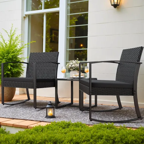 Miniatura 5 de Homall - Juego de muebles de patio de 3 piezas de resina para uso en exteriores - Juego de bistró con sillas de columpio acolchadas y mesa para Negro