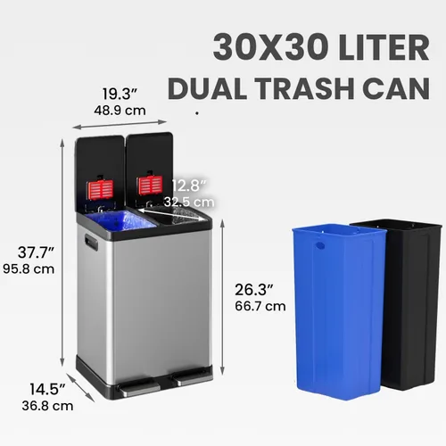 Miniatura 3 de iTouchless - Cubo de basura de cocina de 60 litros / 16 galones con doble compartimento y contenedor para reciclaje, filtro de olores, cierre suave