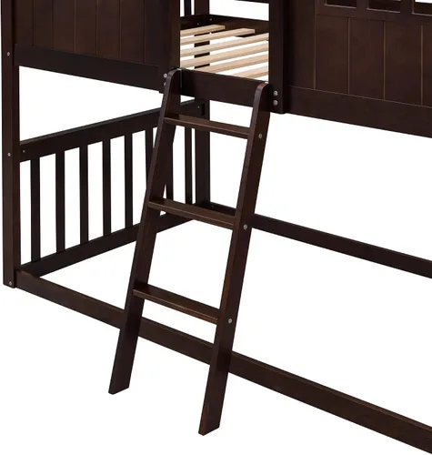 Miniatura 8 de JIVOIT Litera de casa, litera de tamaño individual sobre individual con escalera, litera de madera con barandillas en forma de techo, ventana