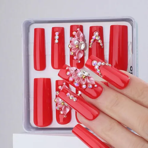 Miniatura 15 de Uñas postizas largas a presión, cuadradas, francesas, nude, rosa, lazo de lujo y diamantes de imitación de flores 3D, 24 unidades, uñas brillantes