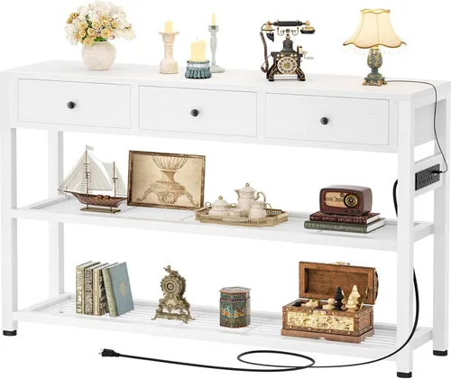 Miniatura 17 de Ecoprsio Mesa de entrada con salidas y puertos USB, mesa consola con 2 cajones, mesa de sofá pequeña con estantes de almacenamiento para sala