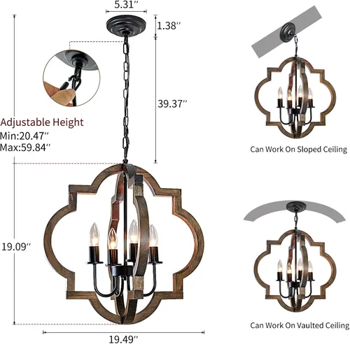 Miniatura 3 de Lámpara de araña de madera de granja de 19.49 pulgadas, lámpara rústica de comedor de 4 luces, lámpara de araña de altura ajustable, iluminación