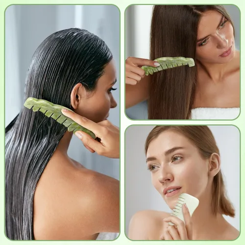 Miniatura 4 de Geiserailie 2 piezas de peines de jade, suministros para esteticista, para masaje, piedra para el cabello, Gua Sha, raspado del cuero cabelludo