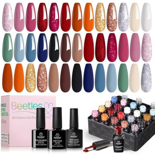 Miniatura 13 de Beetles - Set de 20 esmaltes de gel p/decoración de uñas, colección Fall Yard, purpurina naranja/marrón/rojo/azul marino, semipermanente, LED c/capa