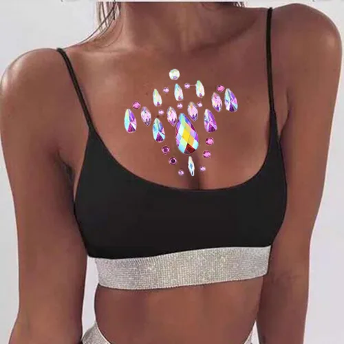Gemas de cara de sirena rosa con diamantes de imitación, joyas para la cara, tatuaje rave, calcomanías para el cuerpo, gemas de pecho para mujeres y