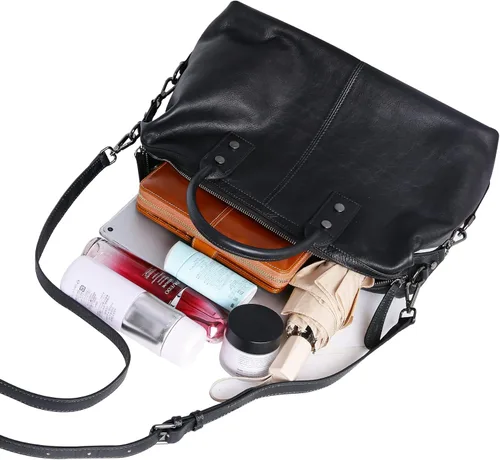 Miniatura 8 de Iswee - Bolso de hombro de cuero genuino, bolso tote con diseño de morral, con asa superior, bolso de gran capacidad, bolso cruzado