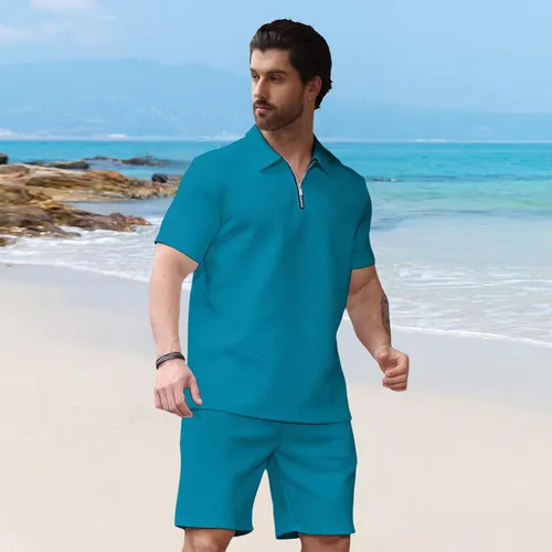 Miniatura 3 de Aulemen Conjunto deportivo de 2 piezas con cremallera para hombre, manga corta, camiseta polo y pantalones cortos, conjuntos de verano para hombre