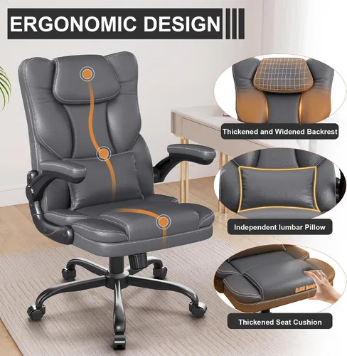 Miniatura 5 de Silla de oficina ergonómica con reposabrazos abatibles, 300 libras, respaldo medio, silla de escritorio de oficina con soporte lumbar, silla Gris