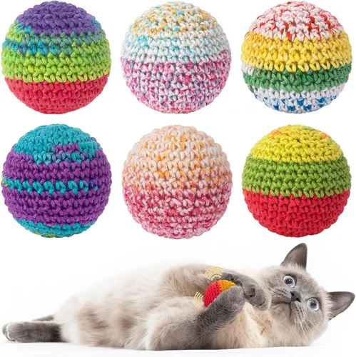 Miniatura 9 de Retro Shaw Pelotas de juguete para gatos, 6 bolas de hilo de lana para gatos con campanas en el interior, juguetes interactivos para gatos