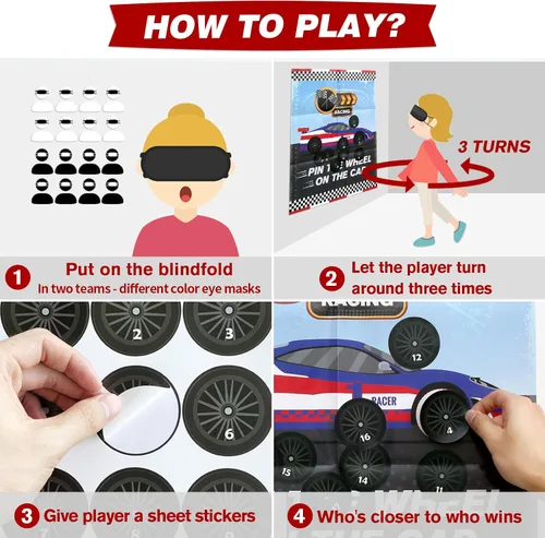 Miniatura 3 de PARTYLOUD Juegos de fiesta de coches: Pin the Wheel en el coche, coches de carreras azules, fiesta de cumpleaños, juegos divertidos, suministros