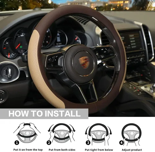 Miniatura 4 de Funda para Volante, Costura de Cuero de Microfibra con Grabado Clásico, Funda Antideslizante de Volante de Auto de Colores Contrastantes, Café