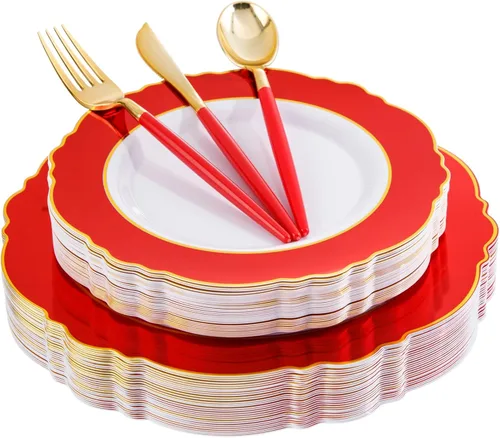 Miniatura 13 de WDF - Vajilla de plástico desechable para 30 invitados platos color oro y cubiertos color oro con mango blanco - Vajilla de plástico barroco blanco