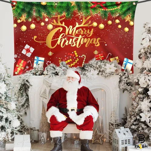 Miniatura 7 de Cartel de Feliz Navidad extragrande de 6 x 4 pies, decoraciones de Navidad rojas y doradas, decoraciones de fiesta de Navidad, fondo de fotos