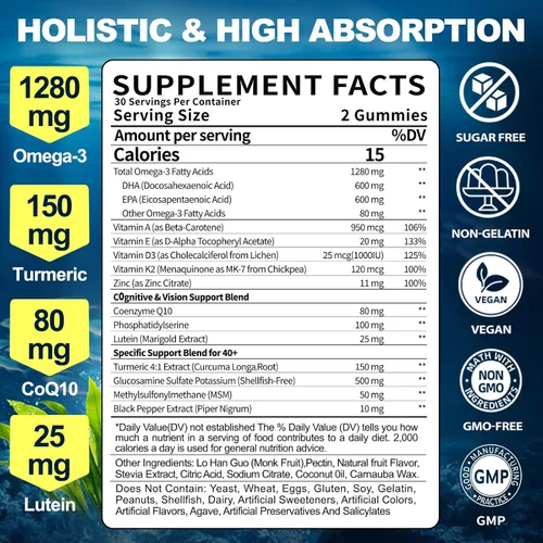 Miniatura 2 de Suplemento de gomitas de Omega-3 para adultos de 40+: 1280mg de ácidos grasos veganos Omega3 DHA EPA con vitamina D3 K2 zinc cúrcuma para apoyo