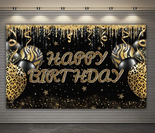 Miniatura 4 de Telón de fondo grande de leopardo dorado con texto en inglés "Happy Birthday", enorme pancarta de guepardo para decoración de fiestas, fondo