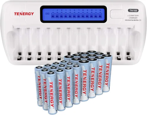 Tenergy TN160 y paquete de 24 baterías recargables, 12 pilas AA, 12 pilas AAA, electrónica doméstica ideal para uso diario