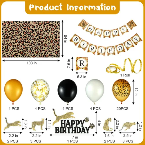 Miniatura 2 de Civaner 51 piezas de decoración de cumpleaños de guepardo dorado, incluyendo pancarta de cumpleaños de guepardo, globos, decoración de pastel