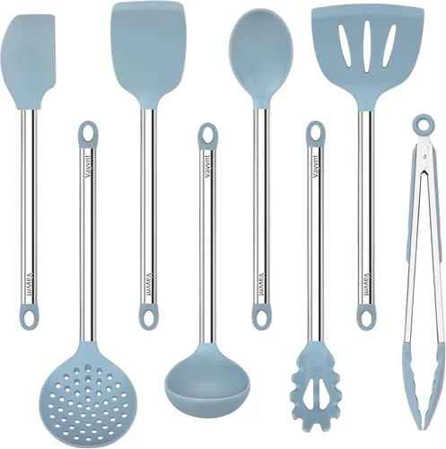 Juego de 8 utensilios de cocina, Vayvnt juego de utensilios de silicona resistente al calor para cocinar, cucharas espátula antiarañazos para Azul