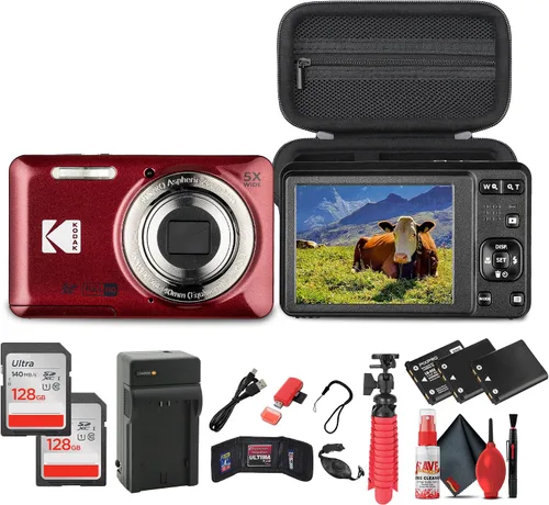 Kodak Pixpro FZ55 - Cámara digital (rojo) El paquete incluye: 2 tarjetas de memoria de 128 GB, 2 baterías recargables, cargador de batería, funda