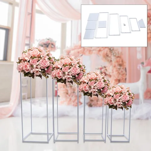 Miniatura 5 de DouSeiAi 4 piezas de mesa de metal para mesas de boda, plantas, jarrón blanco alto, columna geométrica de flores para decoración de bodas, fiestas