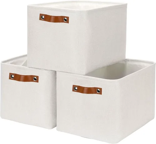 HNZIGE Cestas organizadoras grandes de tela (3 unidades), canastas decorativas plegables con asas de cuero (crema, 15 x 11 x 9.5 pulgadas)