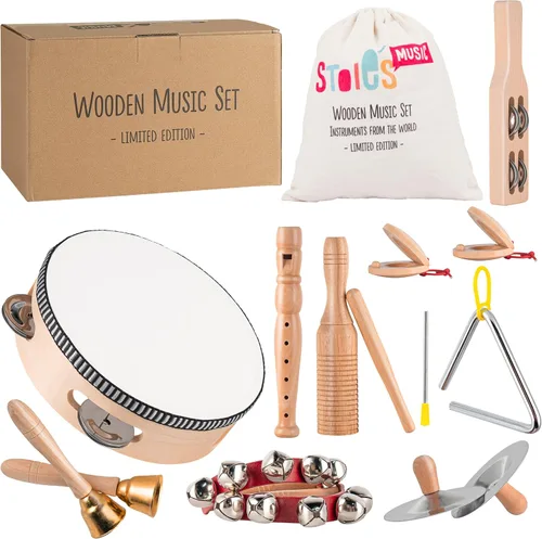 Miniatura 18 de Stoie's Instrumentos musicales de madera para niños pequeños con tambor, campanas de mano, flauta, maracas, castañuelas, panderetas, para bebés