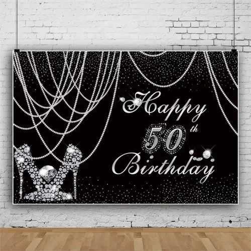 Miniatura 5 de Telones de fondo de 50 cumpleaños para mujer, color negro y plateado, cortina de perlas de 5 x 3 pies, pantuflas de diamante plateado con diamantes