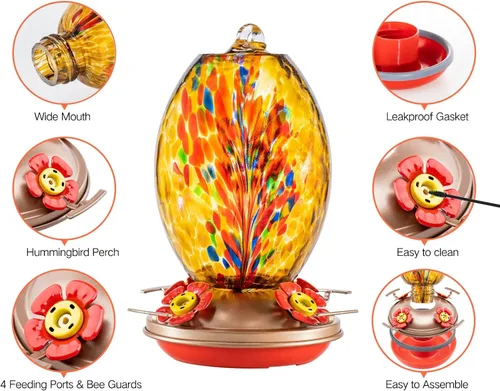 Miniatura 5 de Muse Garden Comedero de vidrio para colibríes para exteriores, comedero de colibríes de vidrio soplado de 27 onzas, regalo único para mamá, mujeres