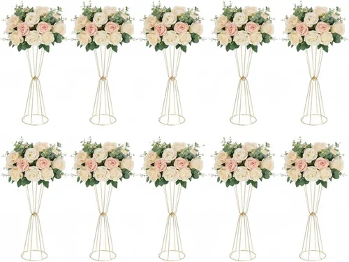 Miniatura 10 de Juego de 4 jarrones geométricos dorados para centros de mesa, soportes de flores de 23.6 pulgadas de alto para bodas, jarrones de trompeta florales