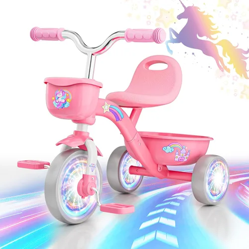 Miniatura 9 de Triciclo para niños pequeños de 1-3, 3-5 años, bicicleta de equilibrio de unicornio para bebés con ruedas de iluminación coloridas y canasta grande