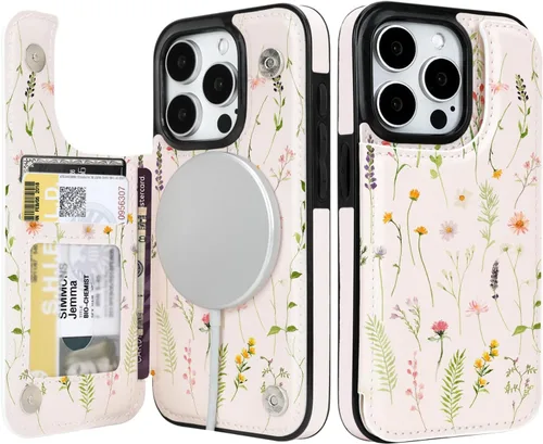 Miniatura 26 de uCOLOR Funda compatible con iPhone 15 de 6.1 pulgadas con ranura para tarjetero, función atril, doble cierre magnético y bloqueo RFID, funda de 6.1