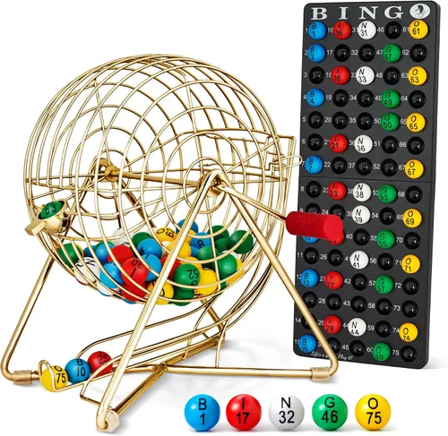 MR CHIPS Juego de bingo profesional de 11 pulgadas de alto con jaula de acero, bolas eternas de 7/8 pulgadas, tablero maestro para bolas, color