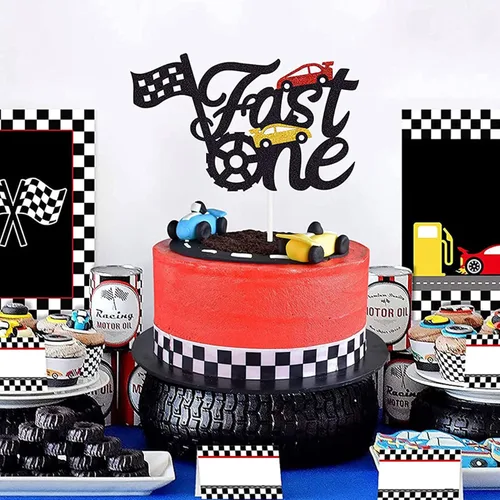 Miniatura 2 de Fast One - Decoración para pastel de primer cumpleaños, decoración de pastel de carreras con purpurina y temática de bandera a cuadros, suministros