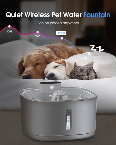 Miniatura 4 de Fuente de agua inalámbrica para gatos de acero inoxidable, fuente de agua inteligente para mascotas, 3.2L/108 onzas con filtros y 2 cabezales
