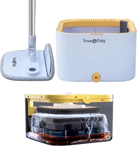 True & Tidy TrueClean - Trapeador giratorio 2.0 con cubo interior desmontable, autoportante, separa el agua limpia y sucia, cabezal de trapeador